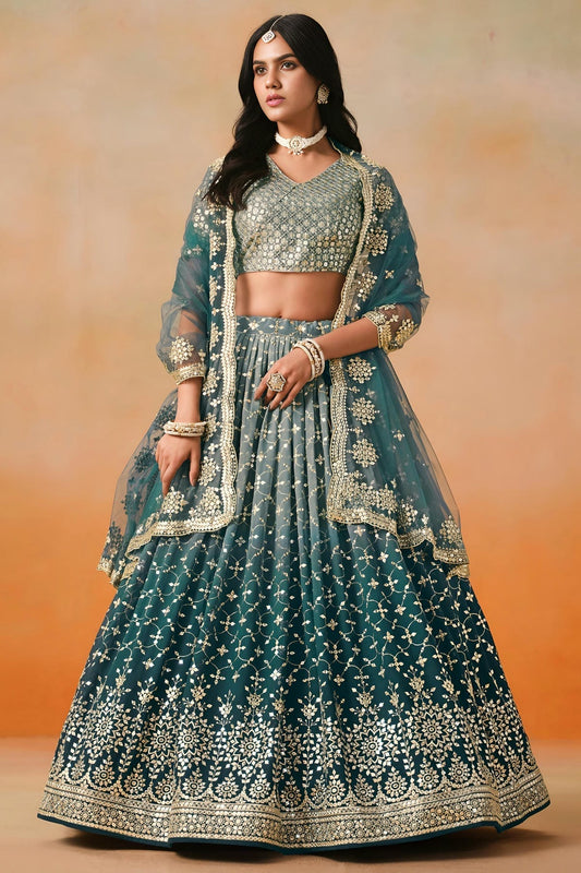 Georgette Lehenga Choli In Teal Blue Colour LC10110118