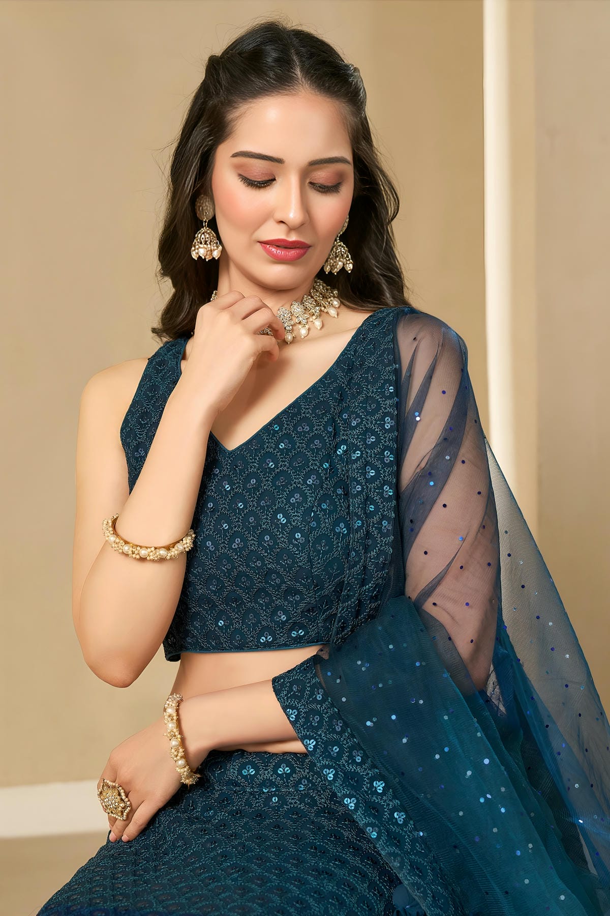 Georgette Lehenga Choli In Teal Blue Colour LC10110129