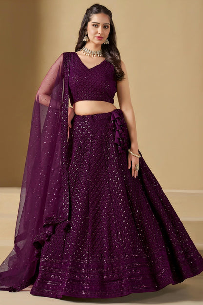 Georgette Lehenga Choli In Wine Colour LC10110132