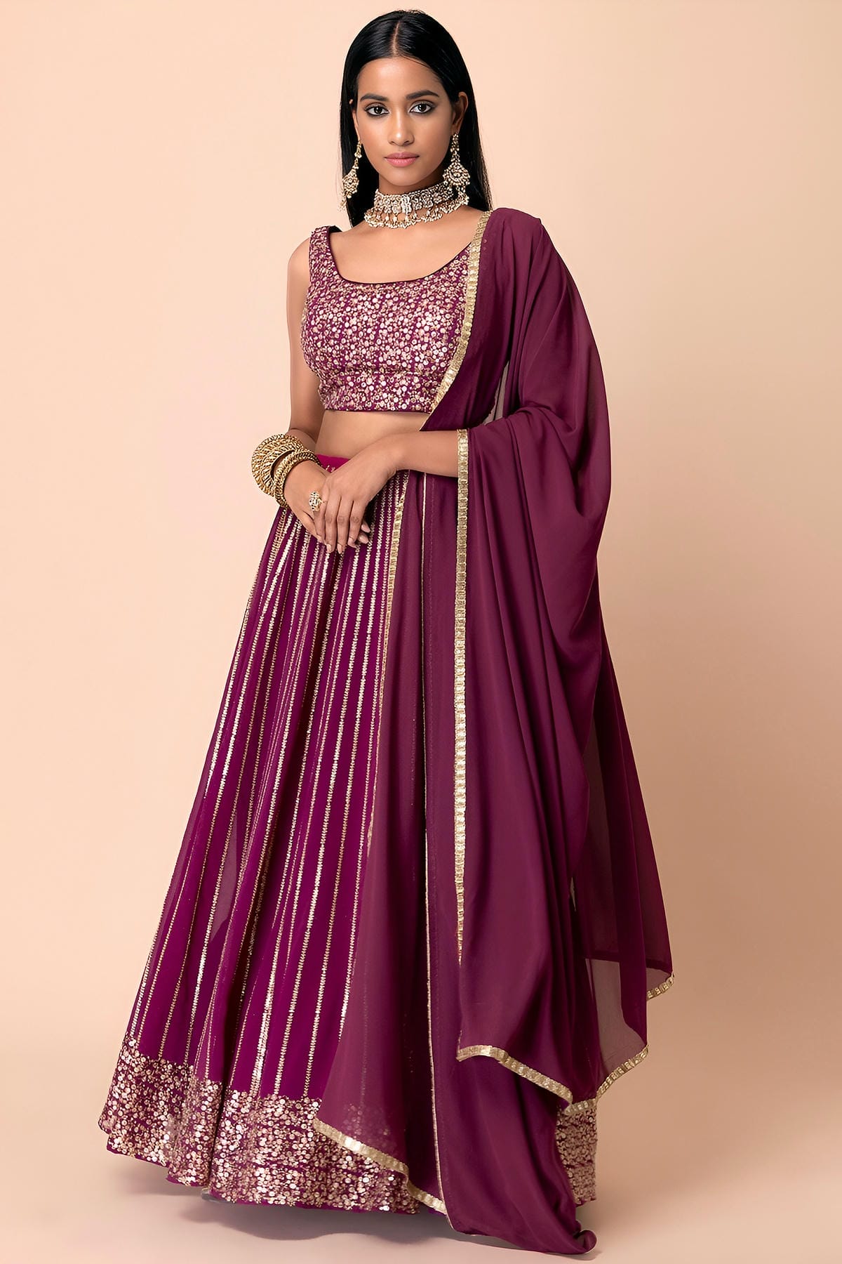 Georgette Lehenga Choli In Wine Colour LC10110162