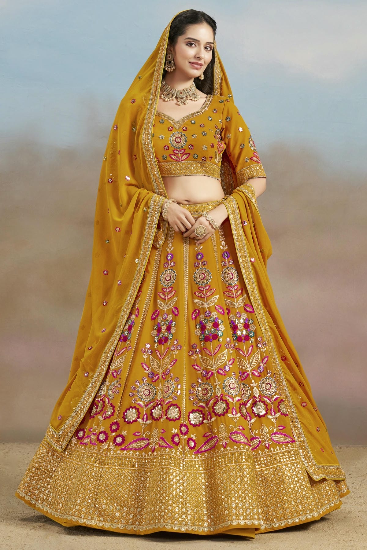 Georgette Lehenga Choli In Yellow Colour LC10110148