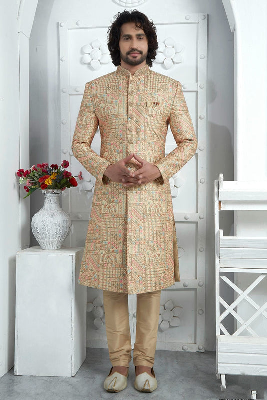 Gold Art Silk Sherwan With Churidar Pant NCSH12310295