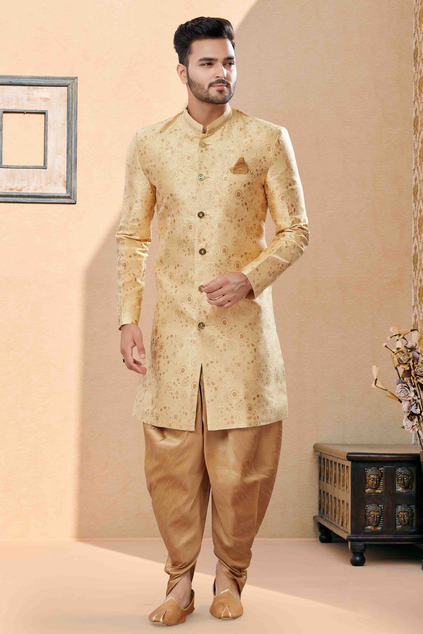 Gold Dhoti SherwaniIn Banarasi Jacquard NCSH10410500