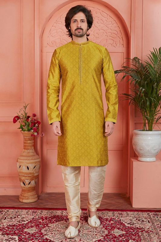 Gold Jacquard Silk Brocade Kurta Pajama NCKP12310142