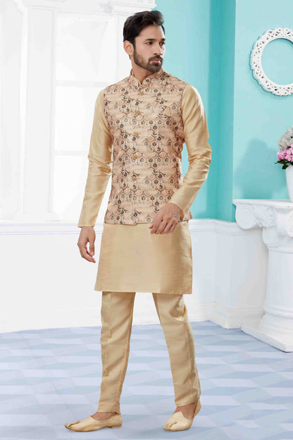 Gold and Cream Kurta PajamaWith Jacket In Silk Dupion NCKP10410743