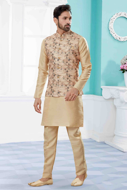 Gold and Cream Kurta PajamaWith Jacket In Silk Dupion NCKP10410743