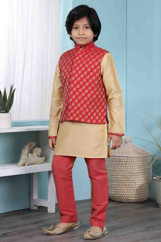 Gold and Red Cotton Silk Kurta PajamaWith Jacket  NCBW10710702