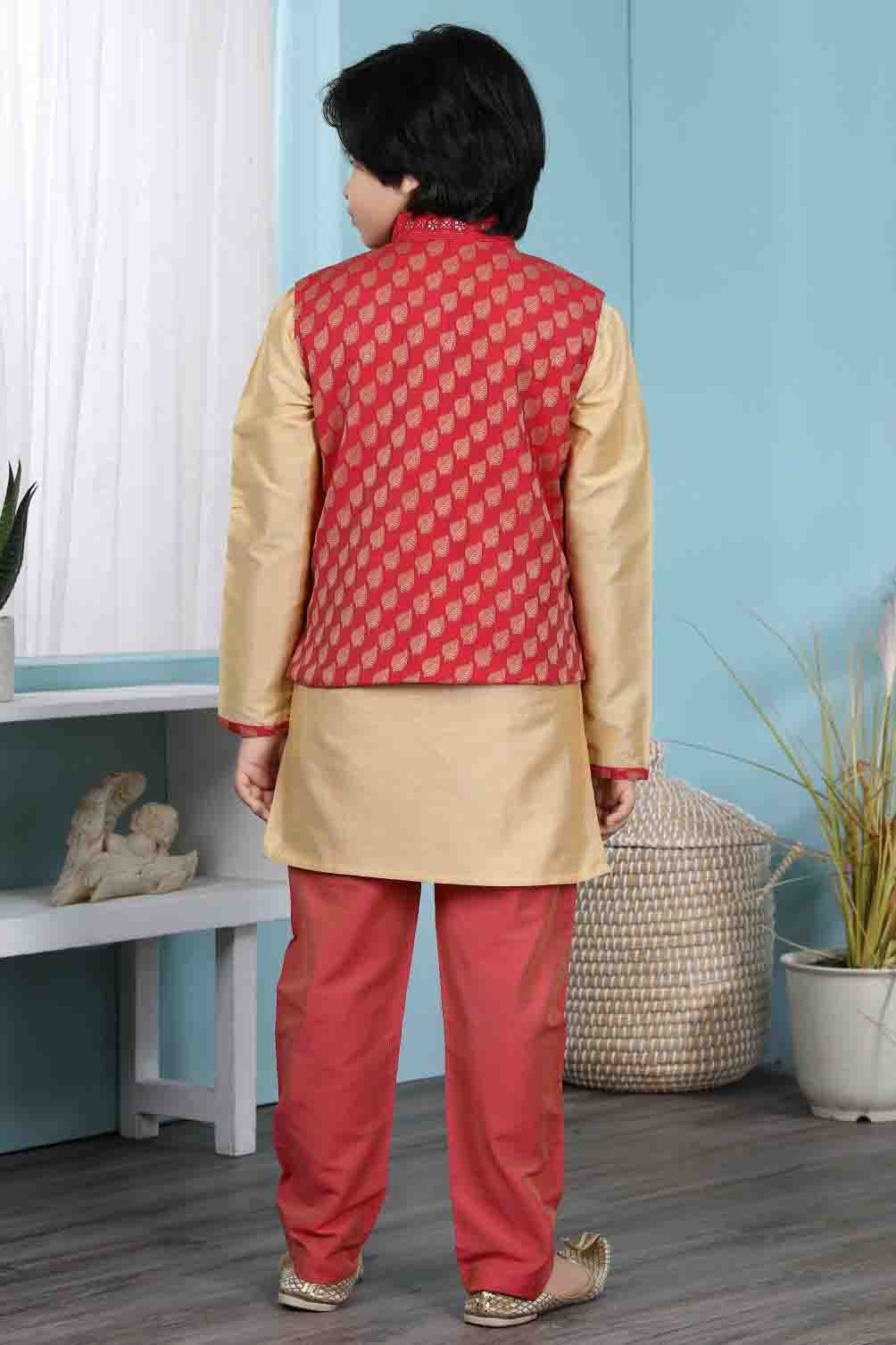 Gold and Red Cotton Silk Kurta PajamaWith Jacket  NCBW10710702