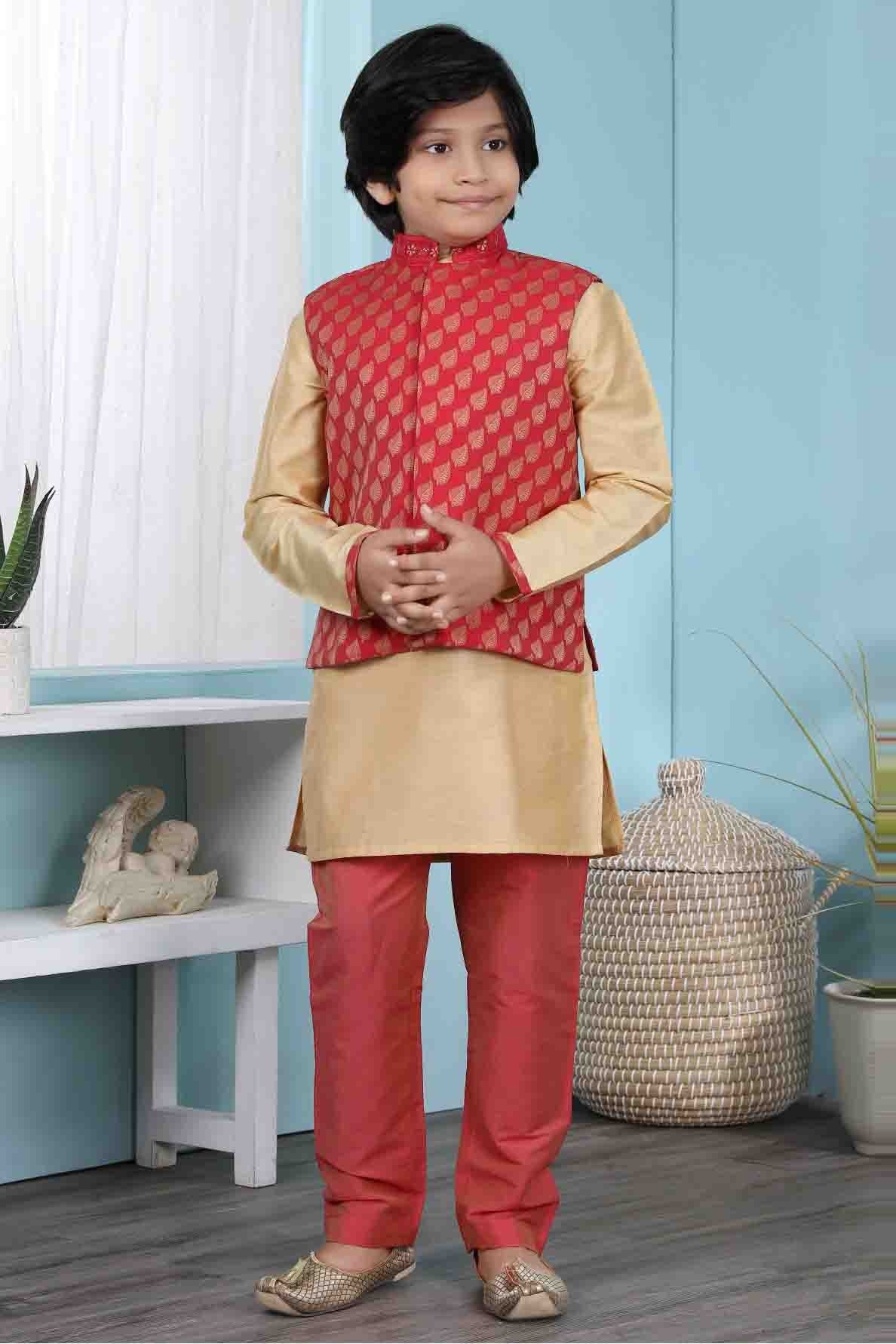 Gold and Red Cotton Silk Kurta PajamaWith Jacket NCBW10710702