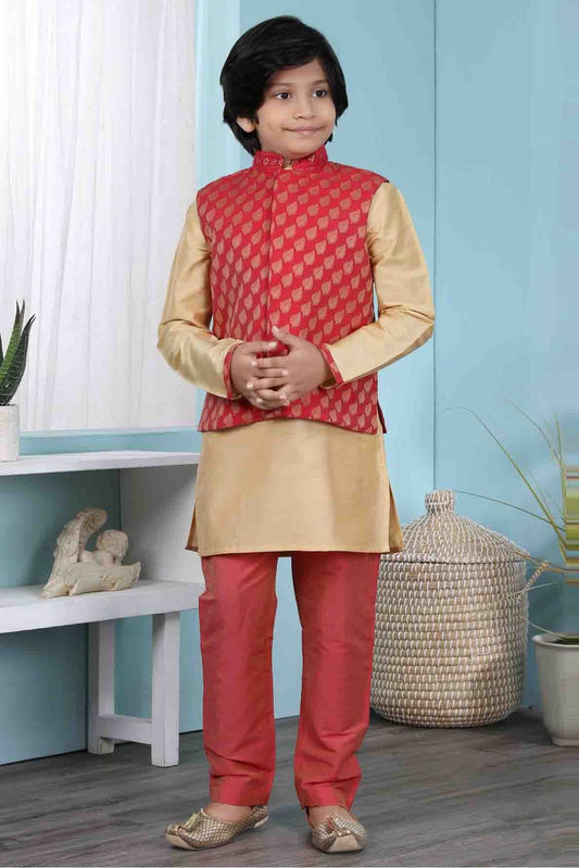 Gold and Red Cotton Silk Kurta PajamaWith Jacket NCBW10710702