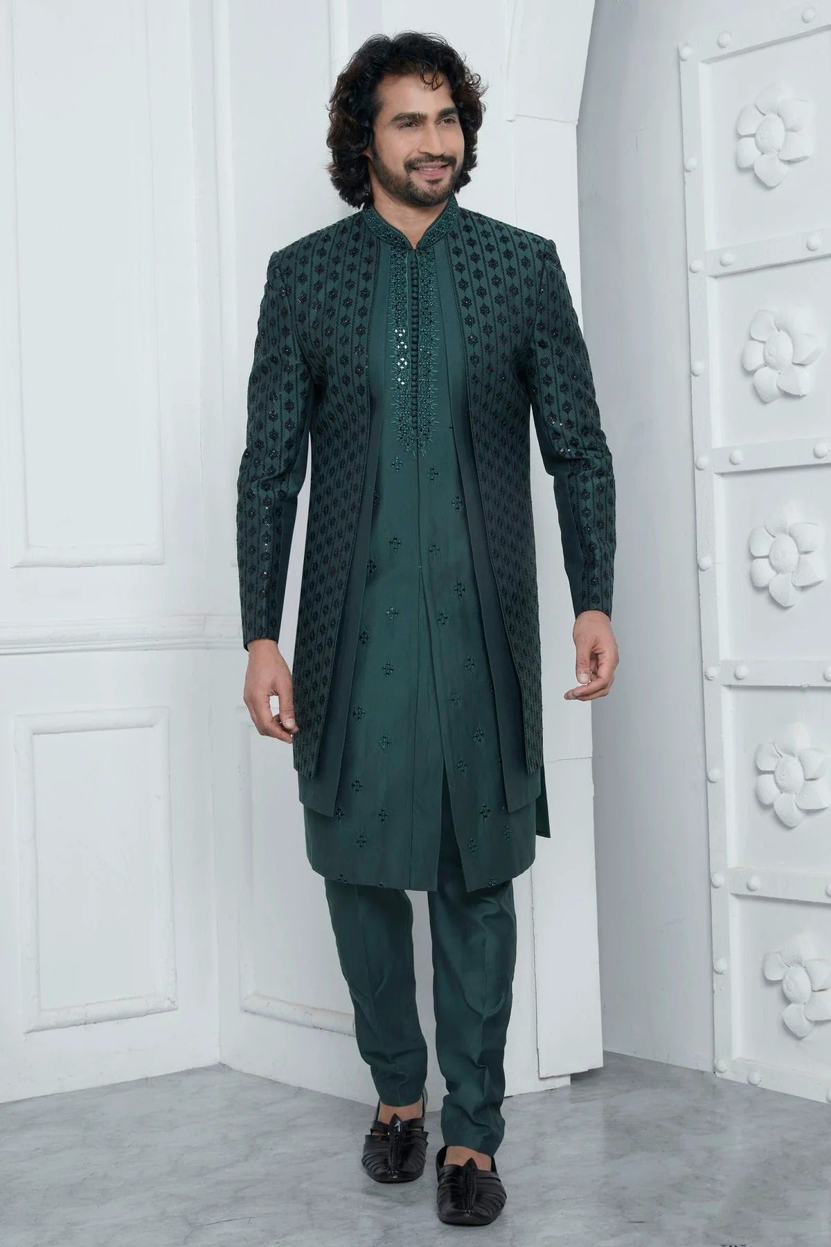 Green Art Silk Indowestern Sherwan With Aligadhi Pant NCSH12310358