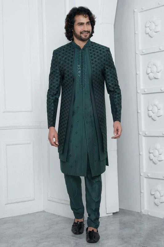 Green Art Silk Indowestern Sherwan With Aligadhi Pant NCSH12310358