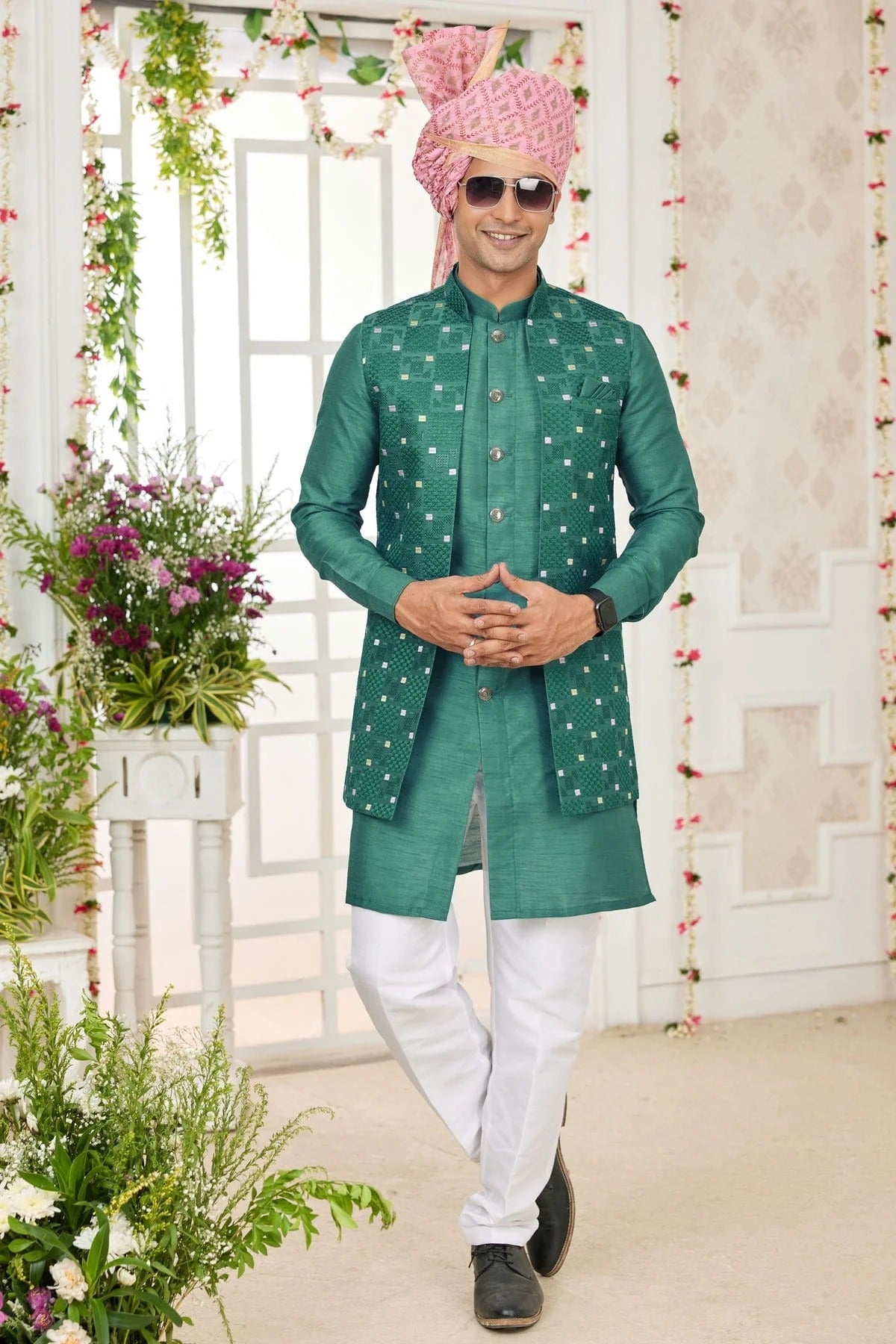 Green Art Silk Kurta PajamaWith Jacket  NCKP12310109