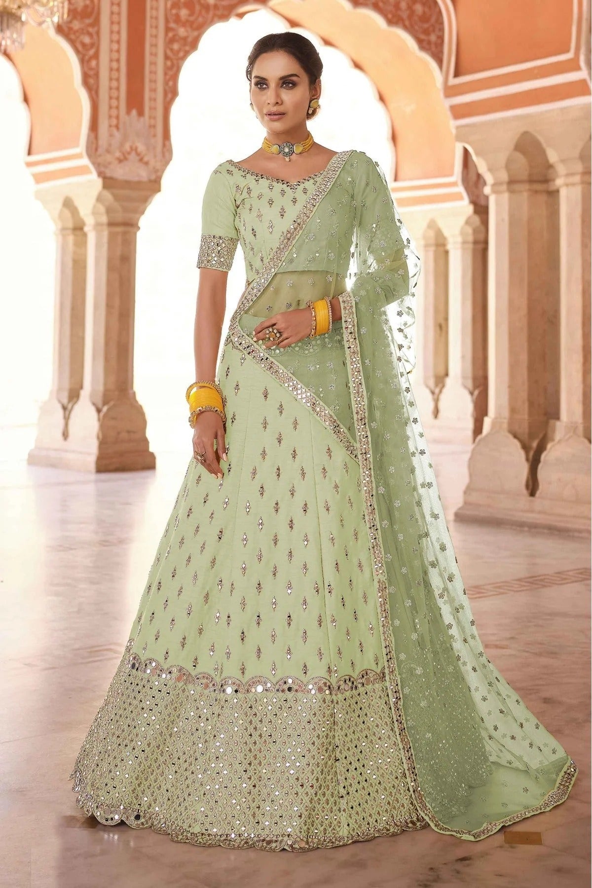 Green Art Silk Mirror Lehenga Choli NCLC10810425
