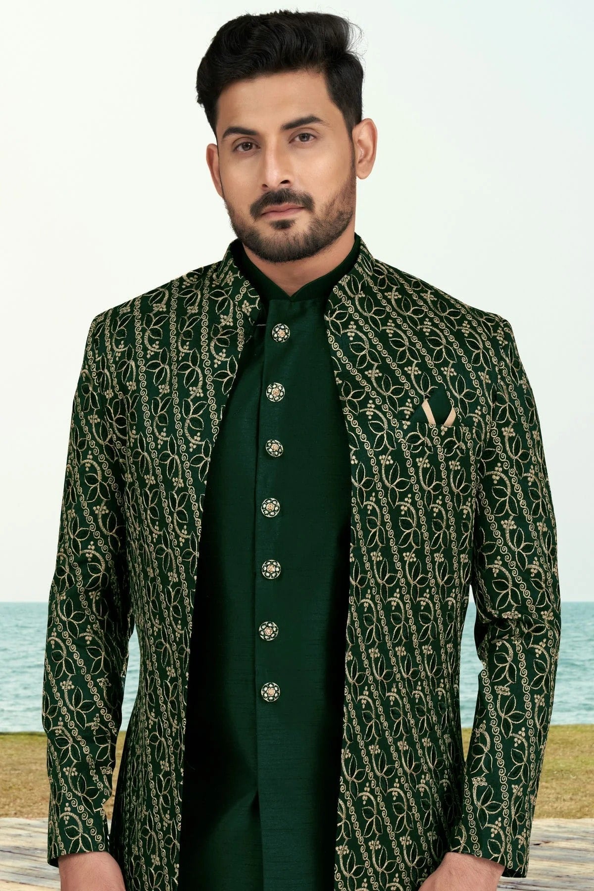 Green Banarasi Silk Sherwani NCSH10410268