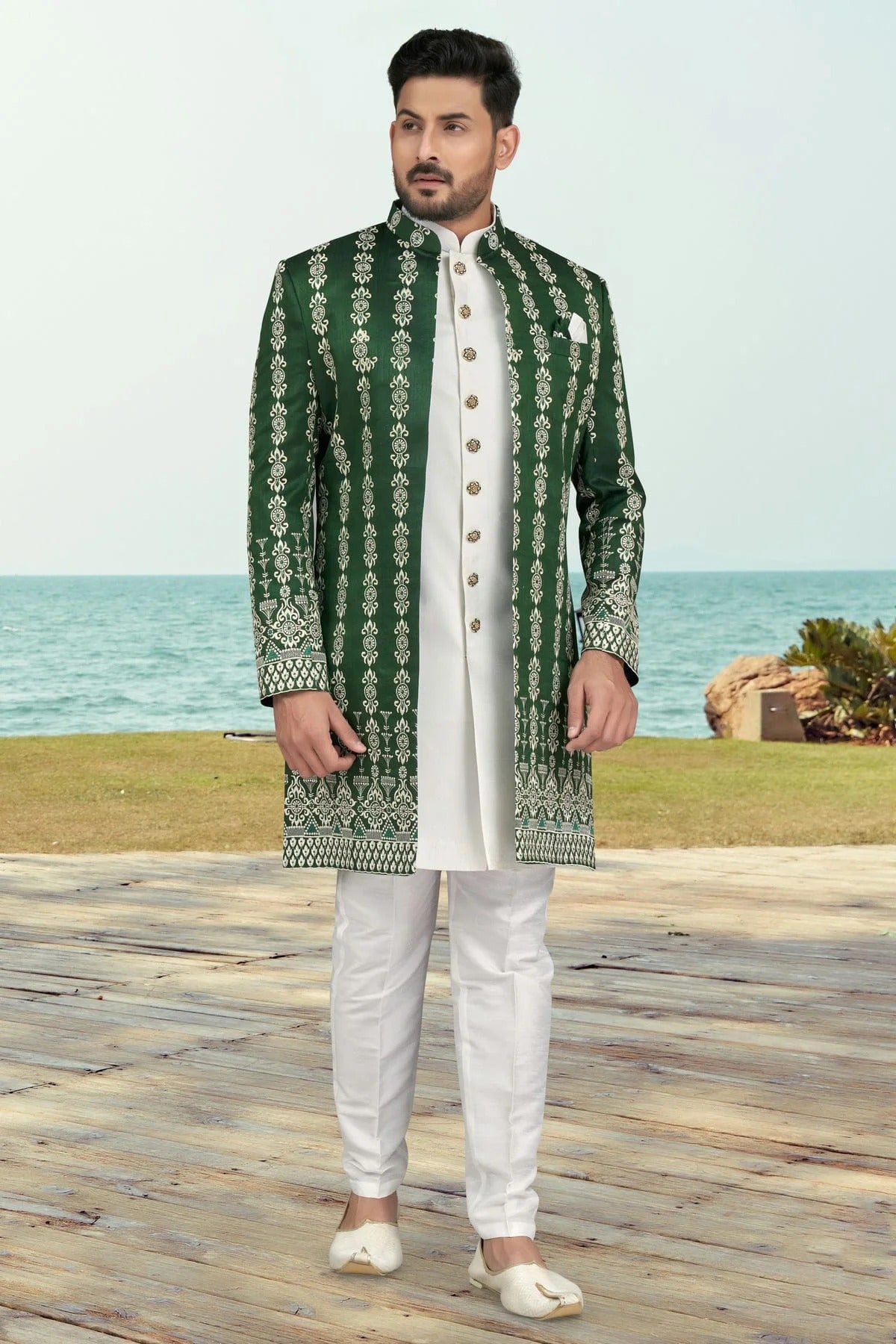 Green Banarasi Silk Sherwani NCSH10410288