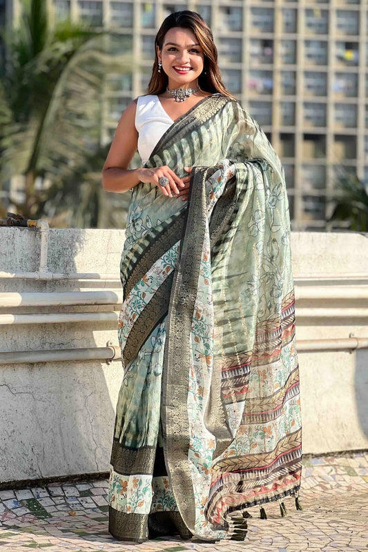 Green Chanderi Crush Printed Saree NCSD11110995