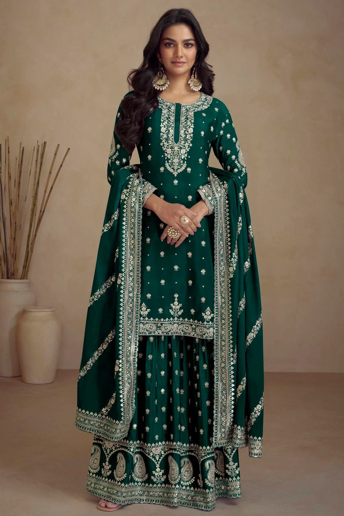 Green Chinon Palazzo Pant Suit NCSM11410396