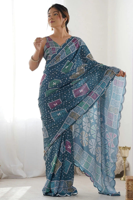 Green Chinon Printed Saree NCSD11111551