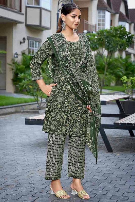 Green Cotton Blend Stitched Suit NCSS11110871