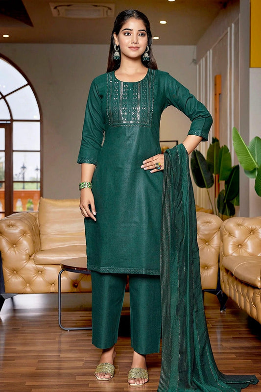 Green Cotton Blend Stitched Suit NCSS11111399