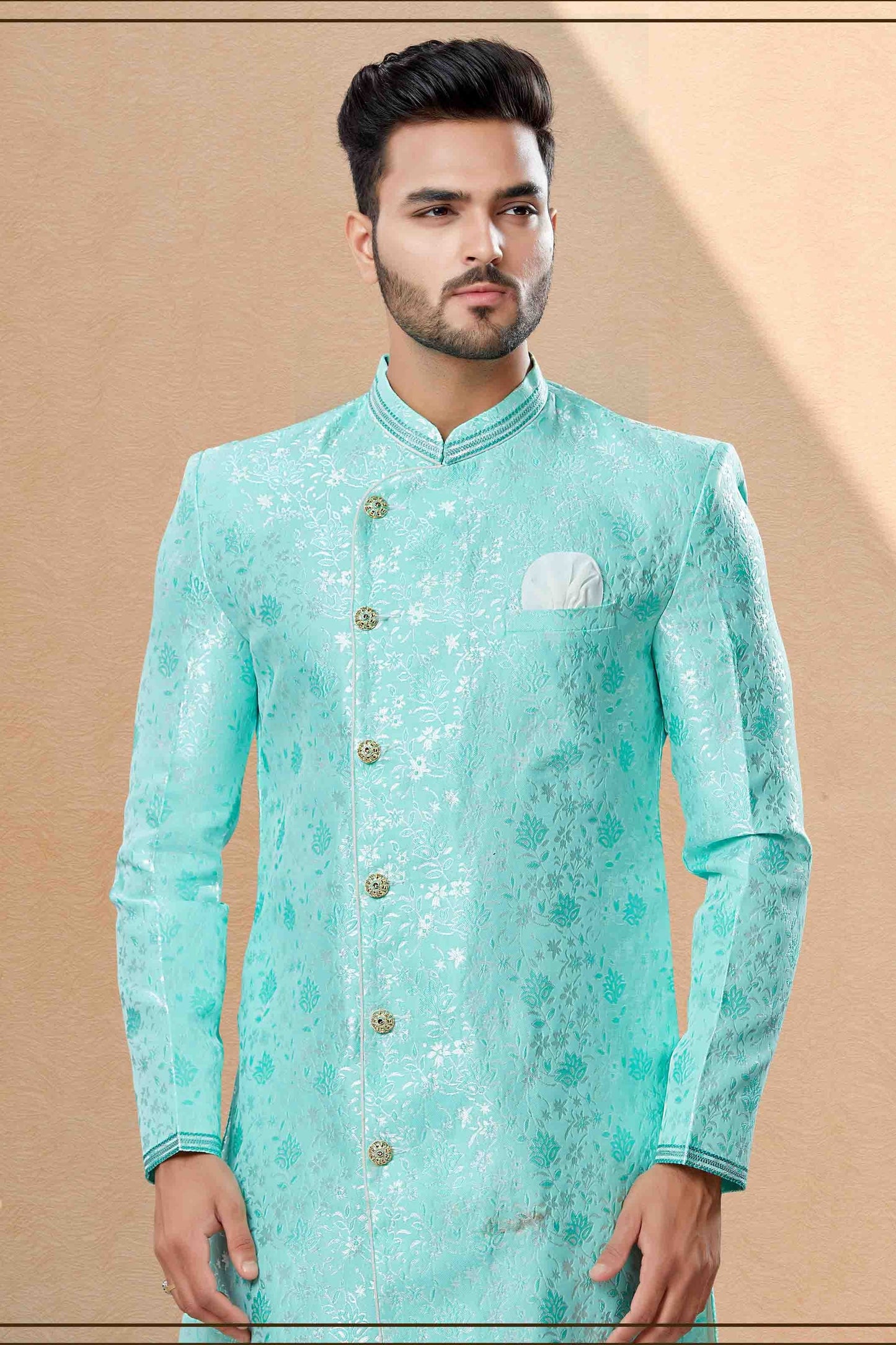 Green Dhoti SherwaniIn Banarasi Jacquard  NCSH10410486
