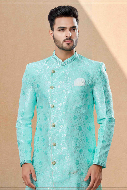 Green Dhoti SherwaniIn Banarasi Jacquard  NCSH10410486