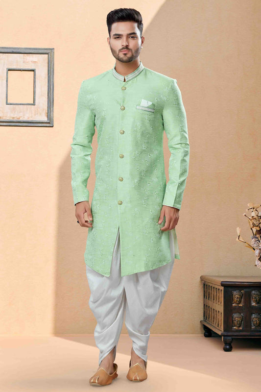 Green Dhoti SherwaniIn Banarasi Jacquard NCSH10410493