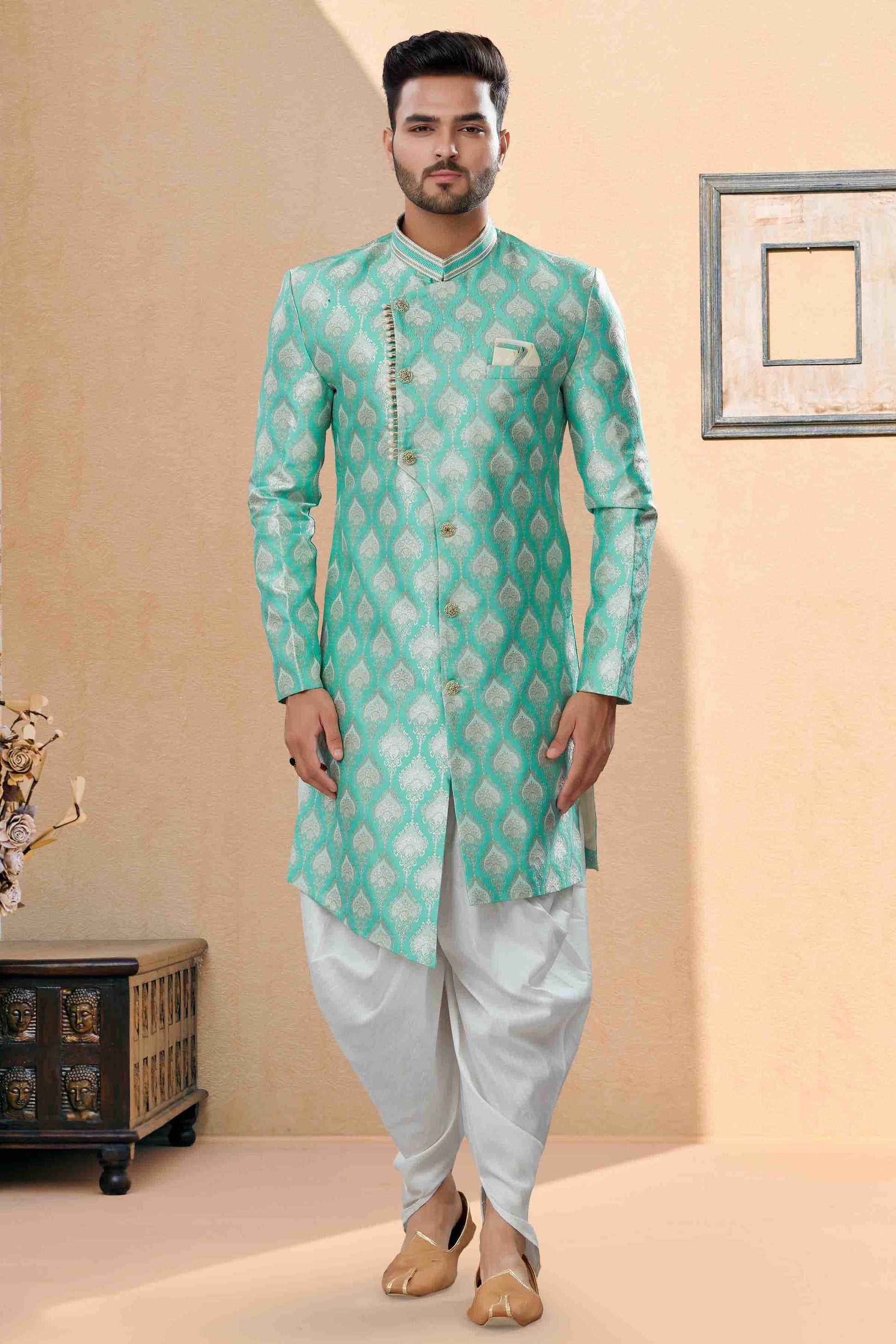 Green Dhoti SherwaniIn Banarasi Jacquard NCSH10410499