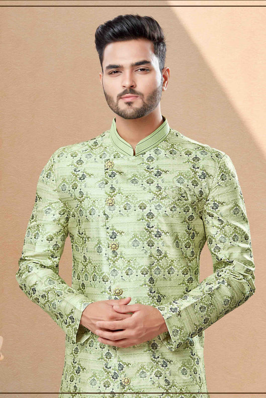 Green Dhoti SherwaniIn Jacquard  NCSH10410488