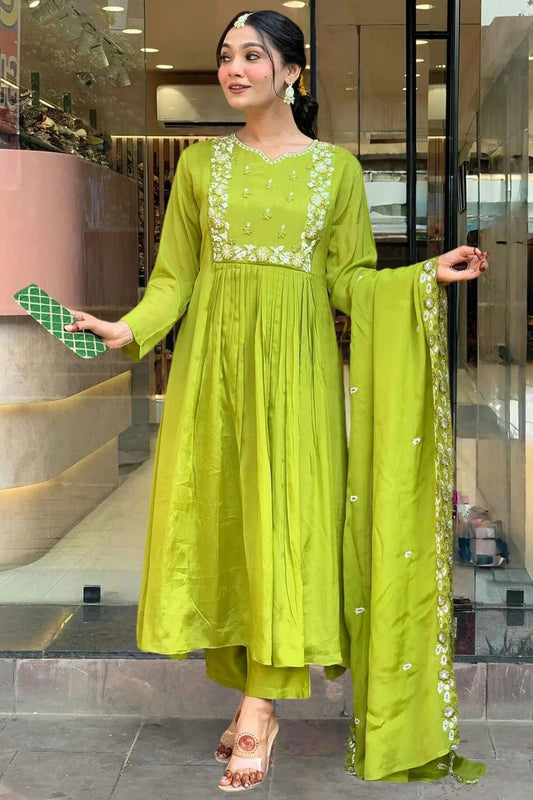 Green Embroidery Chinon Stitched Suit NCSS11111315