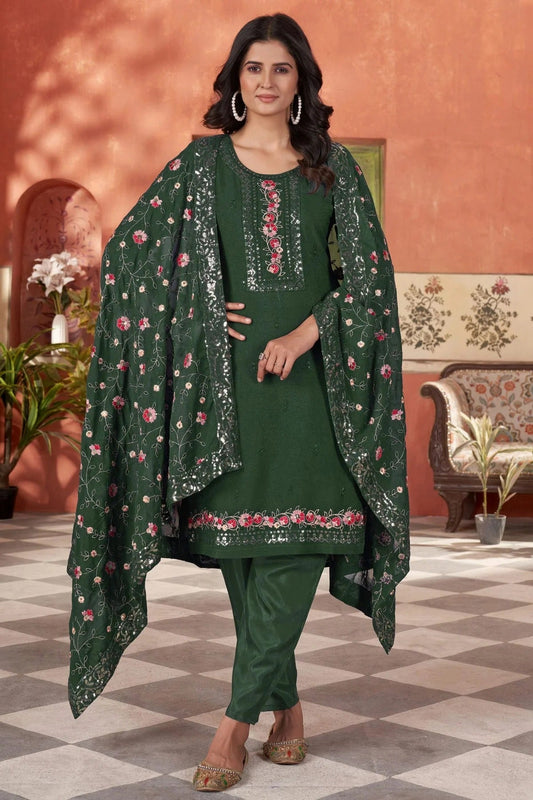 Green Embroidery Georgette Stitched Suit NCSS11111270