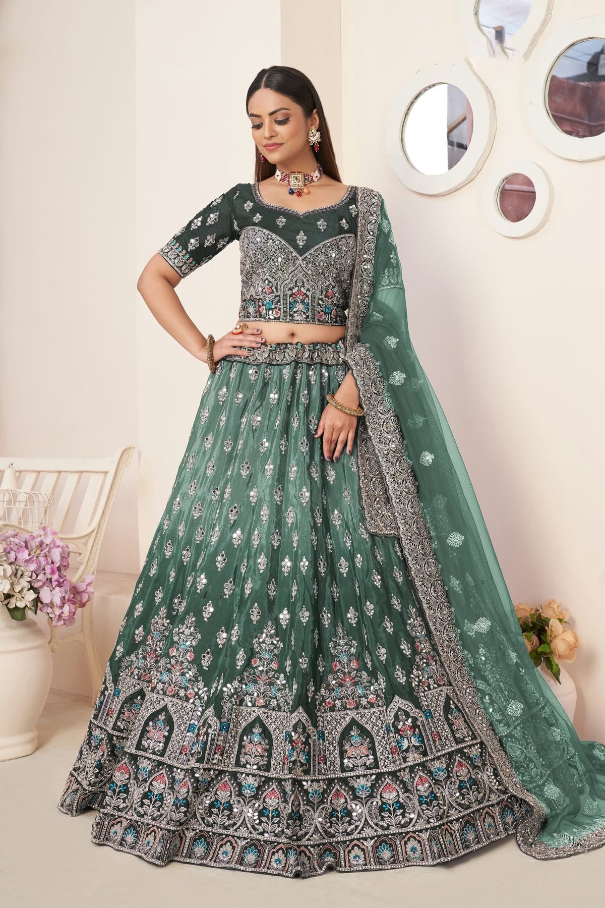 Green Embroidery Satin Lehenga Choli NCLD10810213