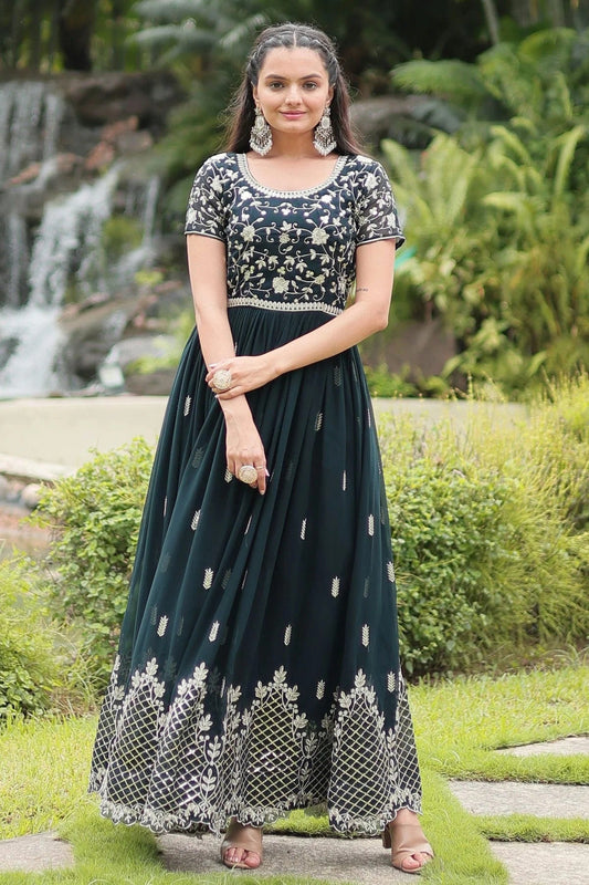 Green Faux Georgette Stitched Gown NCGW11111363