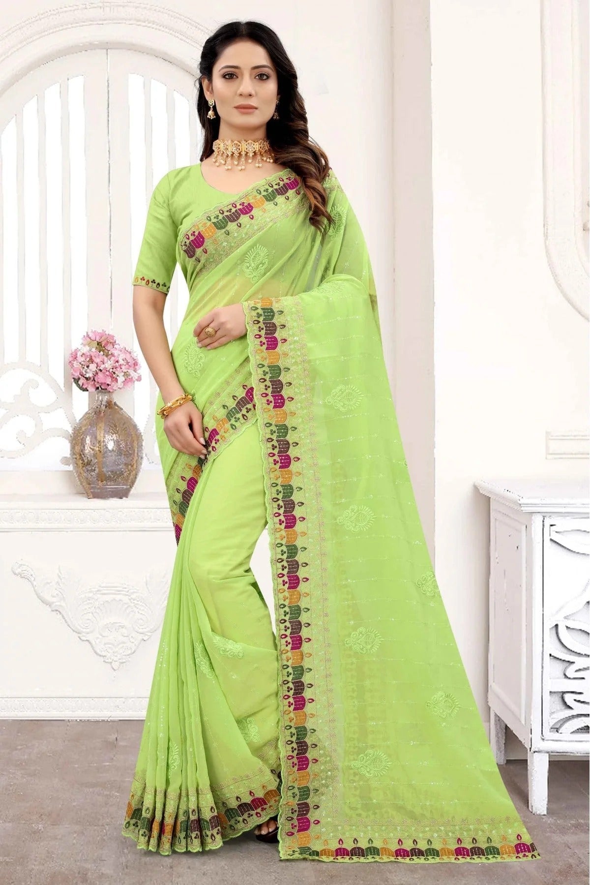 Green Georgette Embroidery Saree NCSD10910623