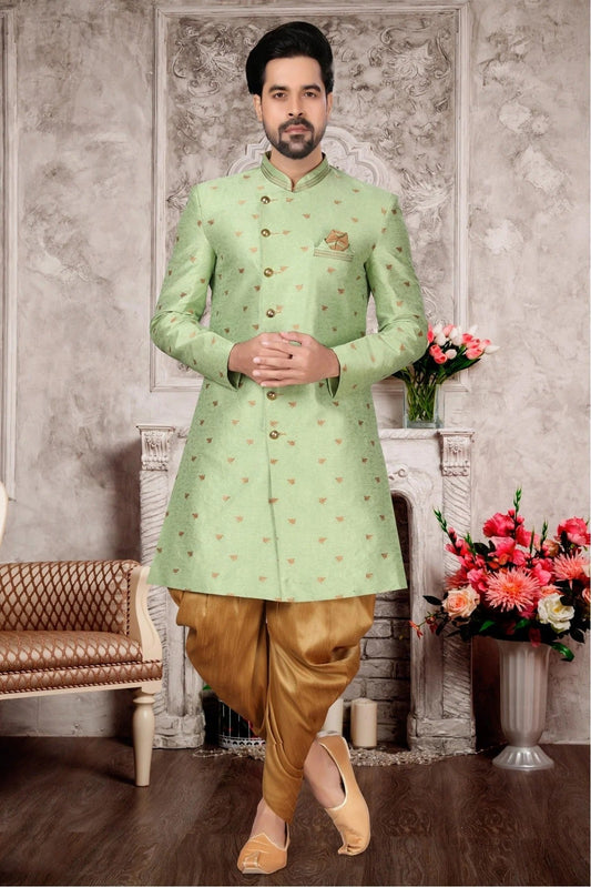 Green Jacquard Dhoti Sherwani NCSH10410388