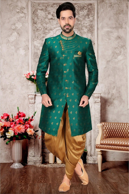 Green Jacquard Dhoti Sherwani NCSH10410401