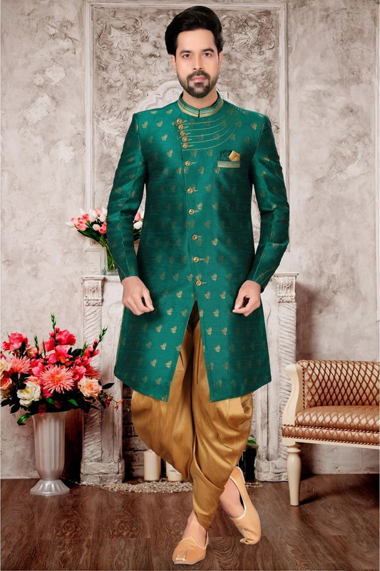 Green Jacquard Dhoti Sherwani NCSH10410401