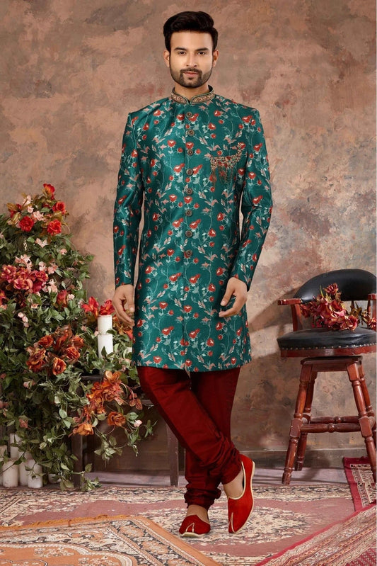 Green Jacquard Digital Print Sherwani NCSH10410417