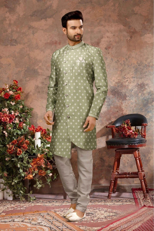 Green Jacquard Digital Print Sherwani NCSH10410428