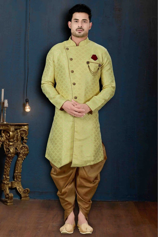 Green Jacquard Party Wear Dhoti Sherwani NCSH10410330