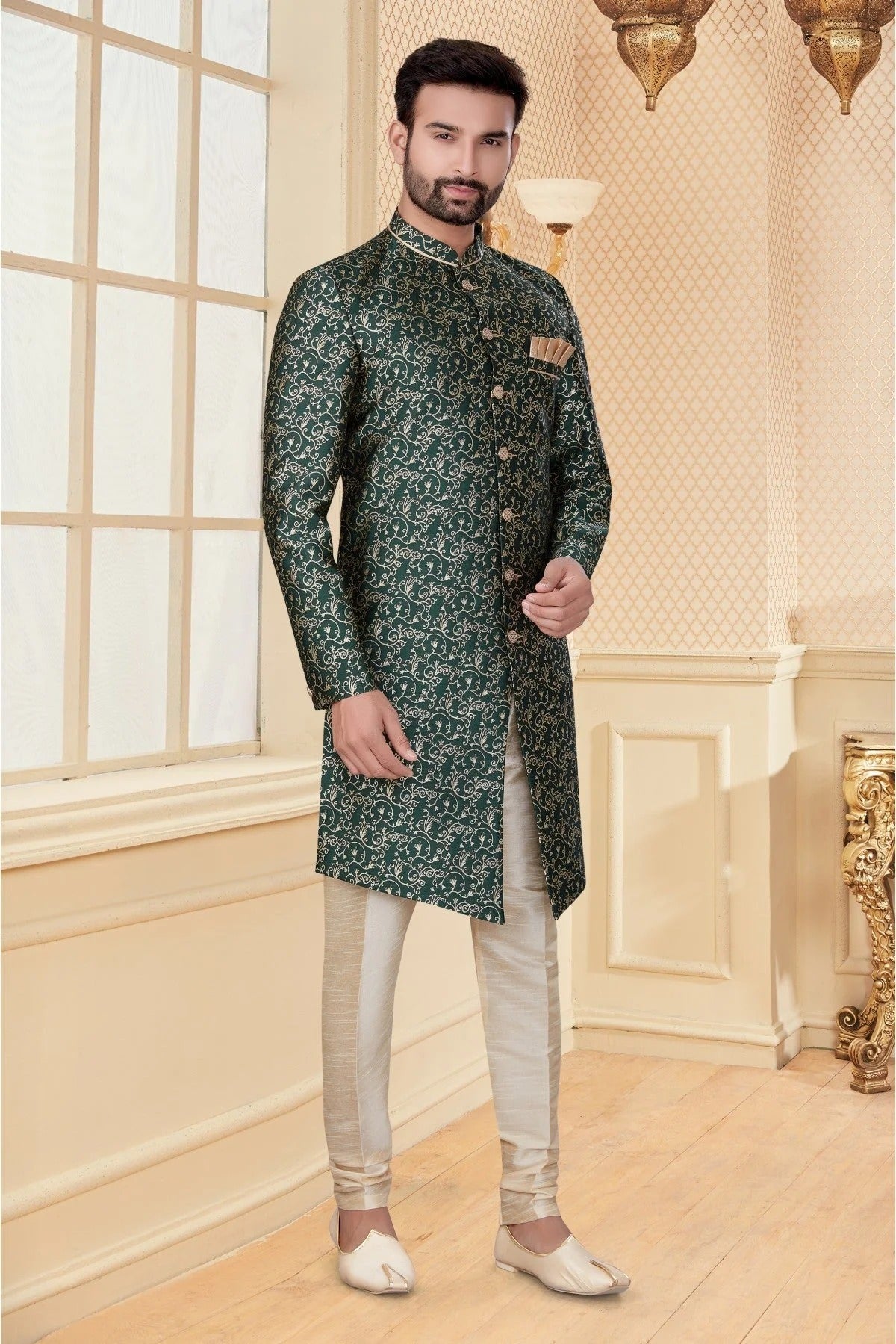 Green Jacquard Sherwani NCSH10410355