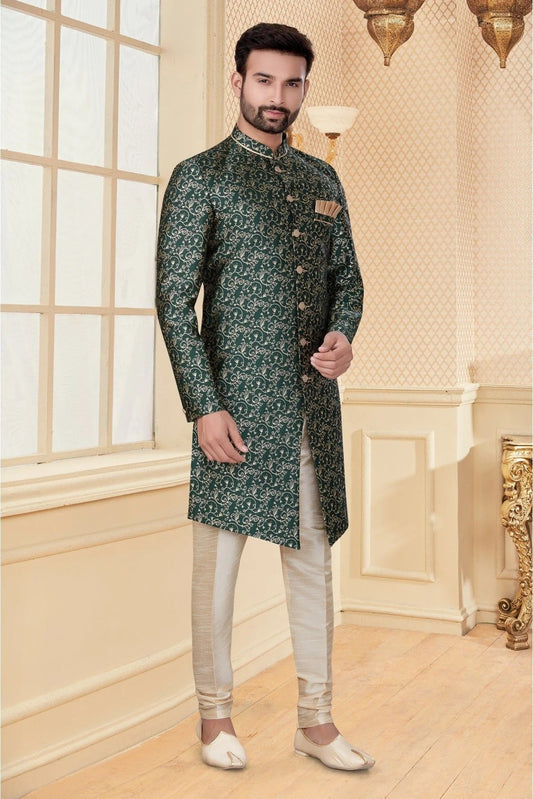 Green Jacquard Sherwani NCSH10410355
