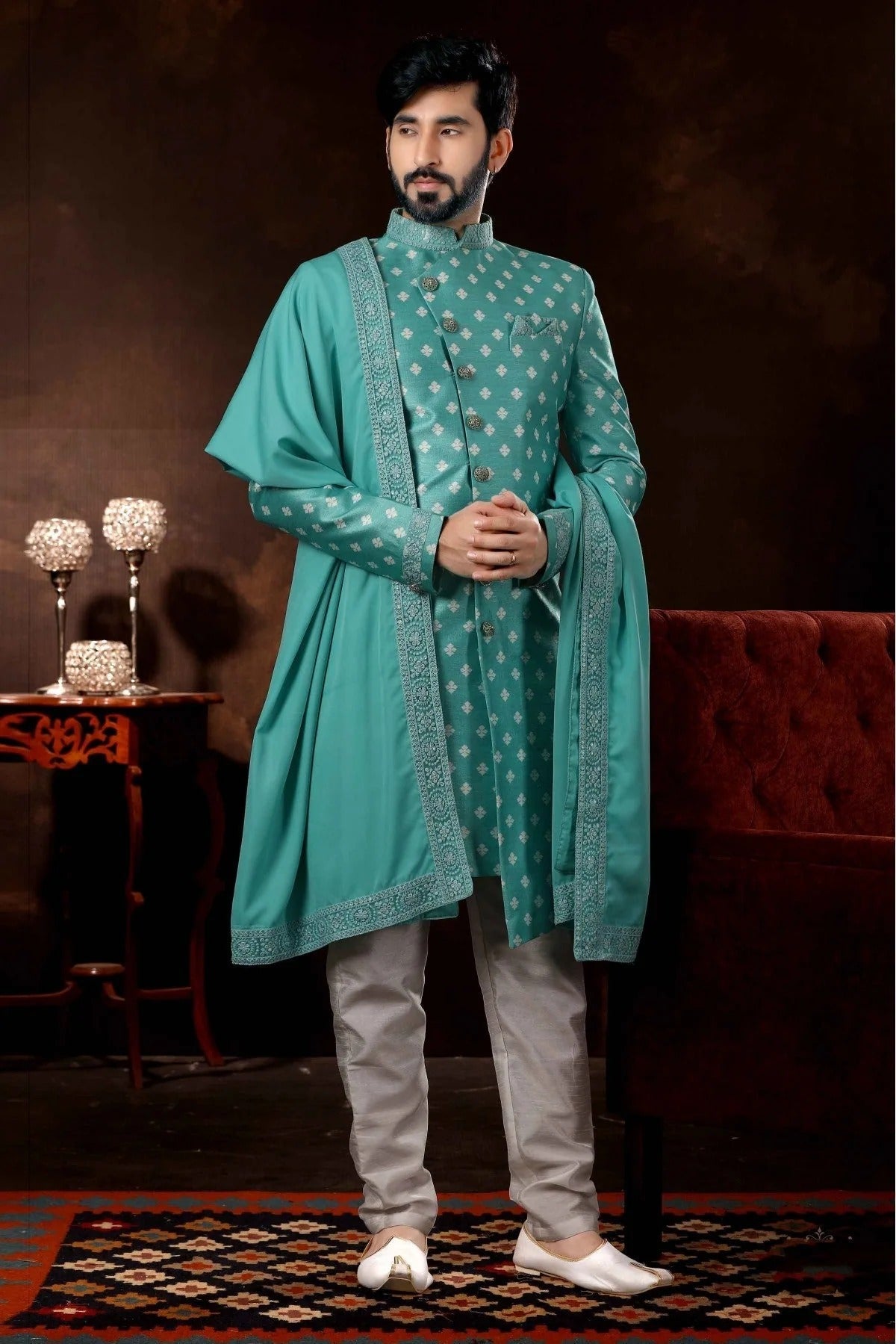 Green Jacquard Sherwani NCSH10410469