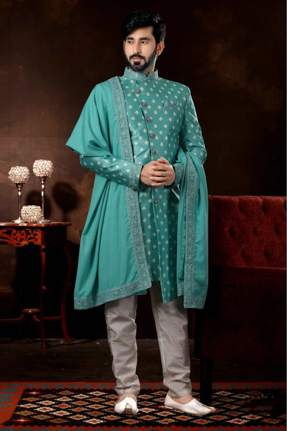 Green Jacquard Sherwani NCSH10410469