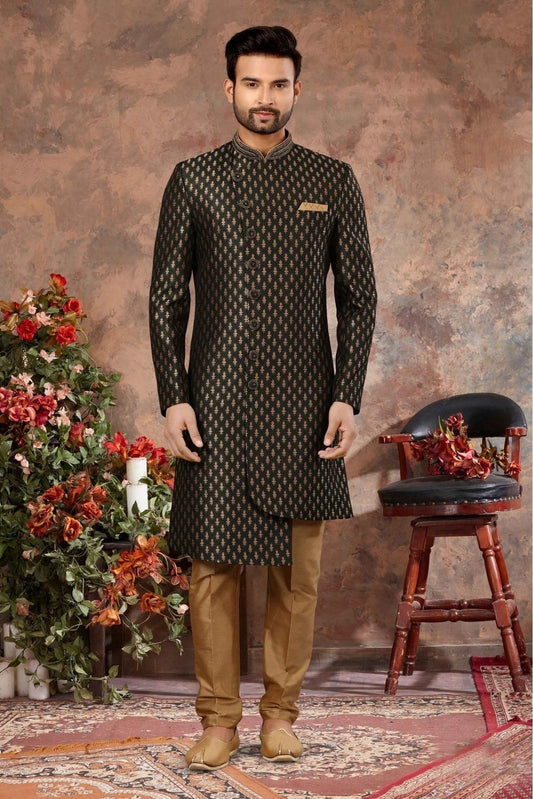 Green Jacquard Woven Sherwani NCSH10410423