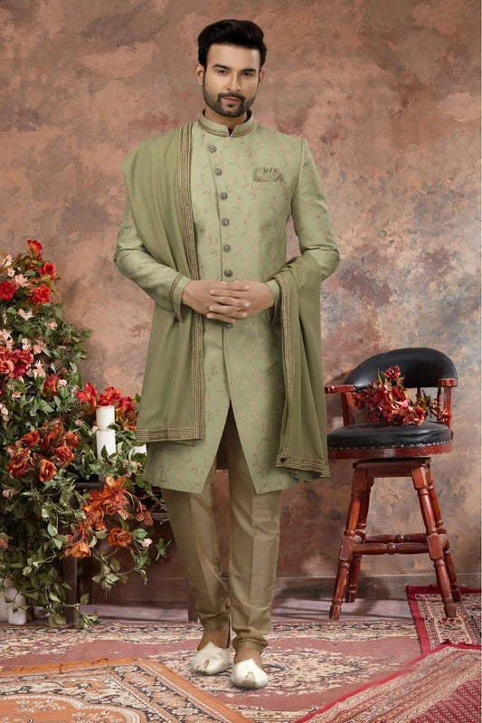 Green Jacquard Zari Sherwani NCSH10410421