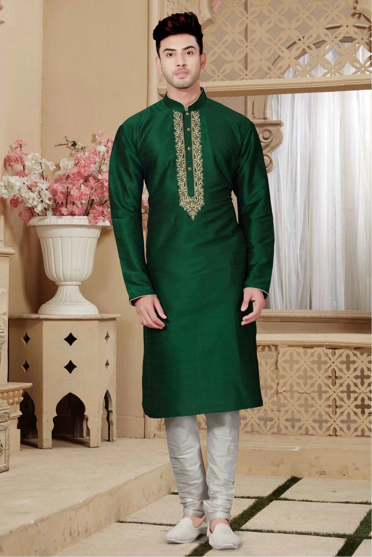 Green Kurta Pajama In Art Dhupion NCKP10410574