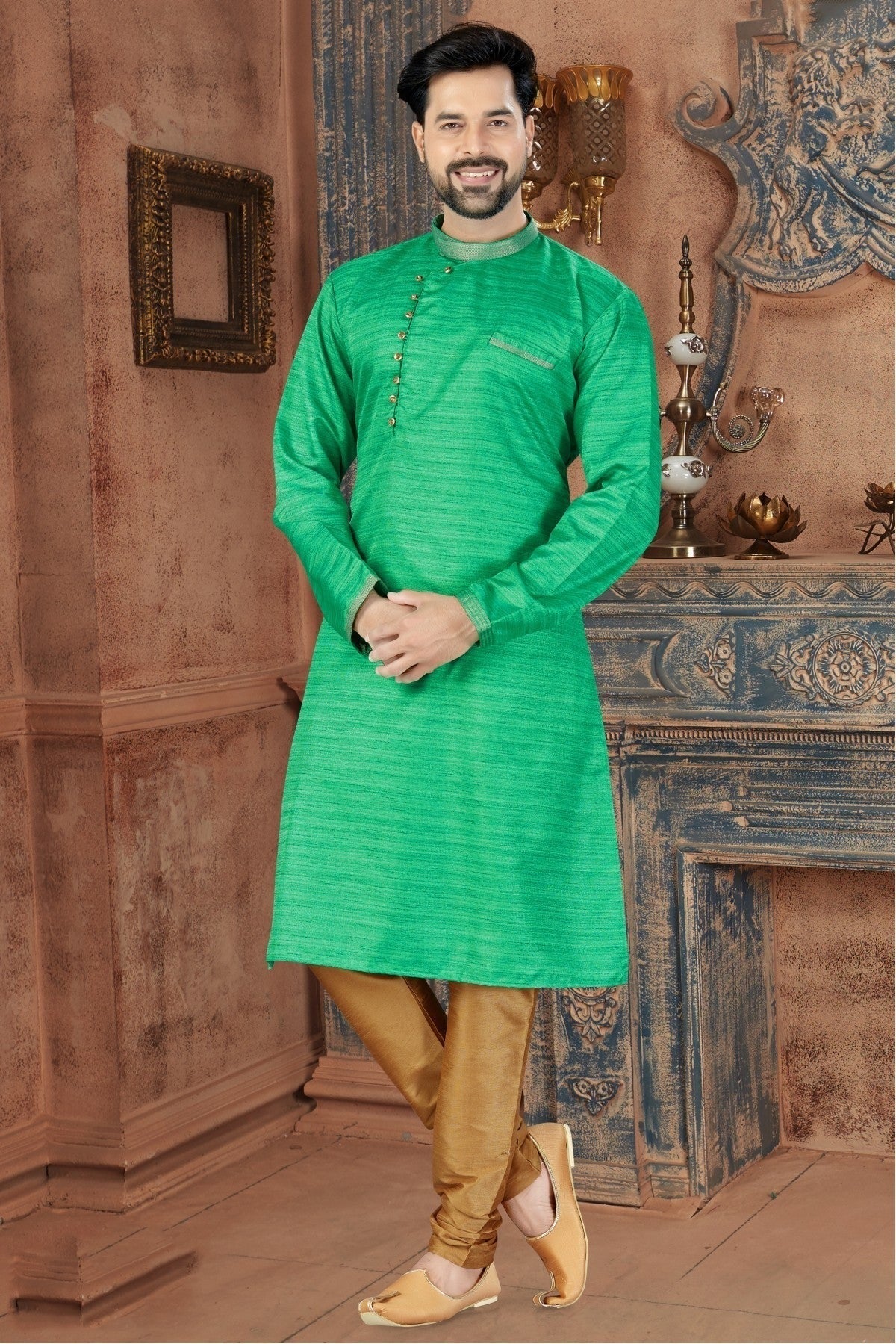 Green Kurta Pajama In Silk NCKP10410638