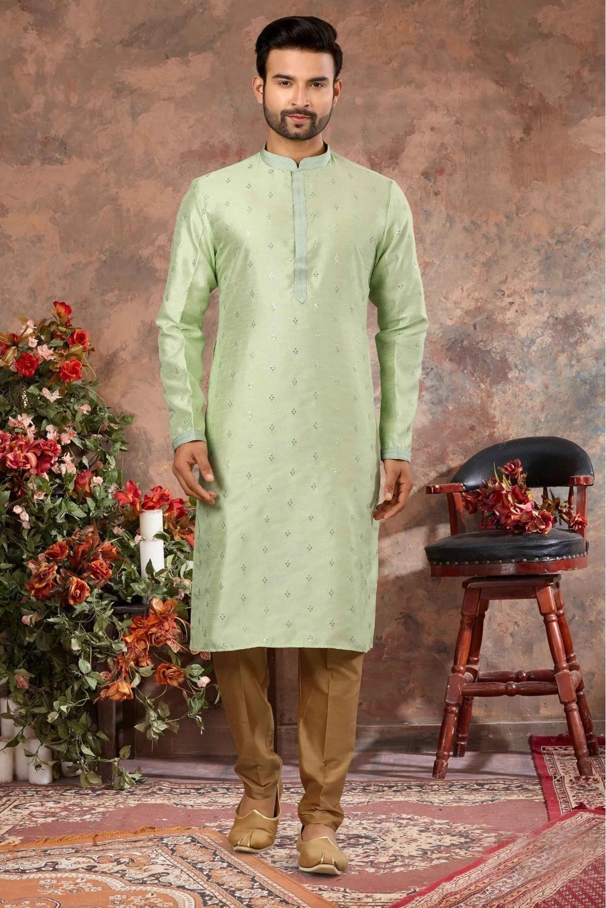 Green Kurta Pajama In Silk NCKP10410670